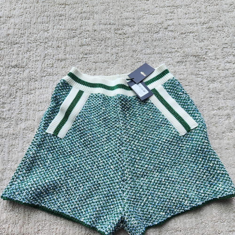 Maje Green Tweed High-Waist Knit Shorts with Striped Waistband